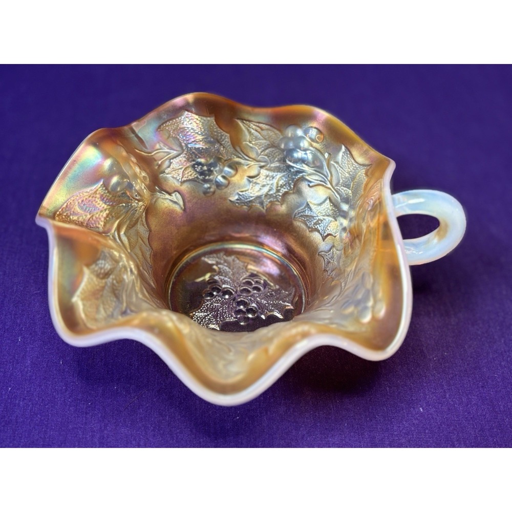 DUGAN‎ Peach Opalescent Holly & Berry Nappy Ruffled Carnival Glass